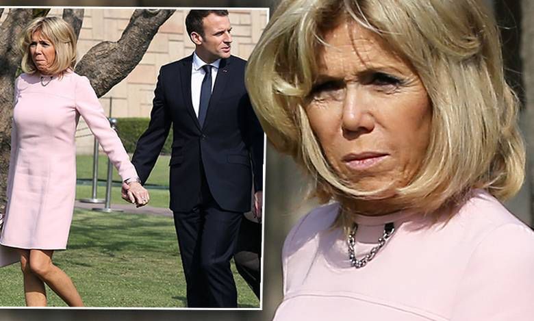 Emmanuel Macron i Brigitte Macron boso w Nowym Delhi w Indiach