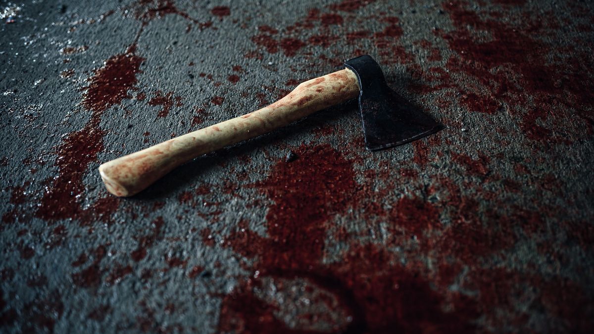 Bloody ax of maniac lying on the floor