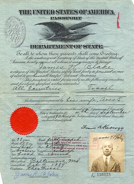 paszport Jamesa Huberta Blake'a, kompozytora i muzyka, oraz jego żony (1925 r.) 