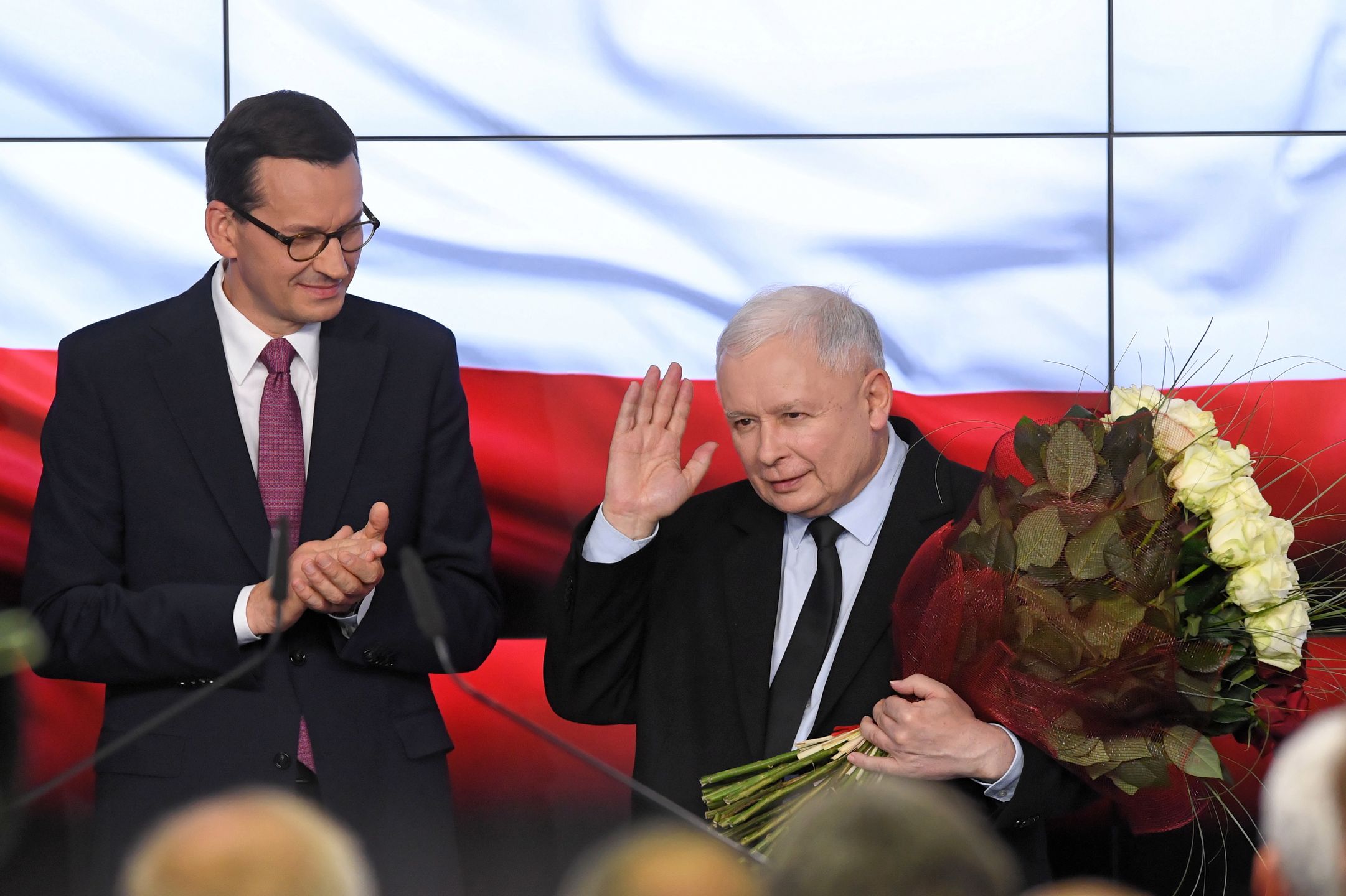 Wyniki wyborów 2019. Premier Mateusz Morawiecki oraz prezes PiS Jarosław Kaczyński 