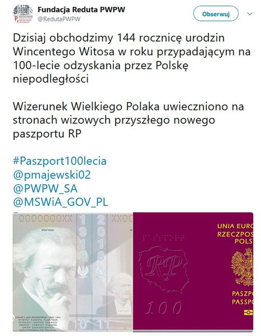 Fundacja "Reduta PWPW" wstawiła post ze zdjęciem strony paszportu z wizerunkiem Ignacego Paderewskiego, zamiast Wincentego Witosa. 