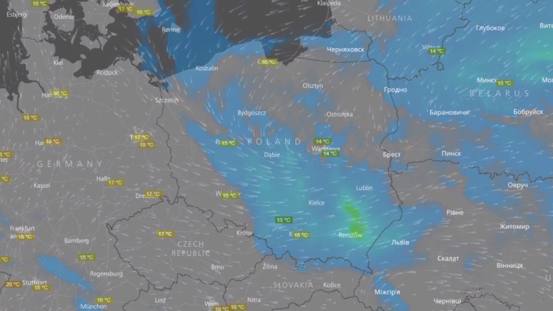 Radar pogodowy, wędrówka chmur deszczowych po niebie