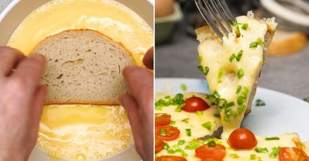 Mocno serowy omlet na chlebie. Śniadaniowa pizza w kilka minut