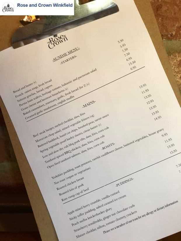 Menu restauracji Rose&Crown