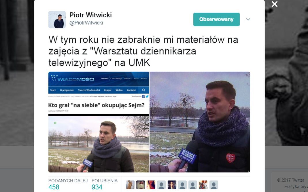 Tweet Piotra Witwickiego pokazujący zamazane serduszko WOŚP w materiale TVP