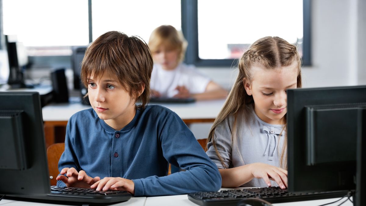 Cute little schoolchildren using desktop PC at desk in computer lab