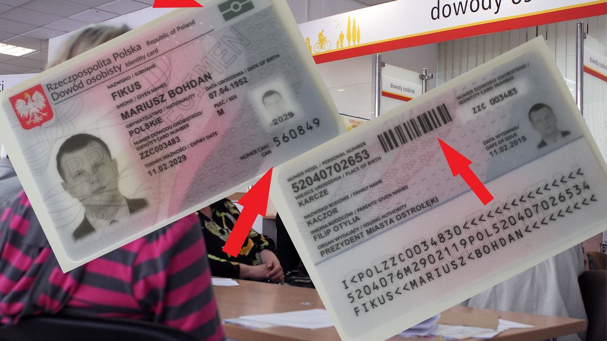 Awers i rewers nowego - elektronicznego - dowodu osobistego z kluczowymi nowościami - znak "chipu", kod CAN oraz kod kreskowy