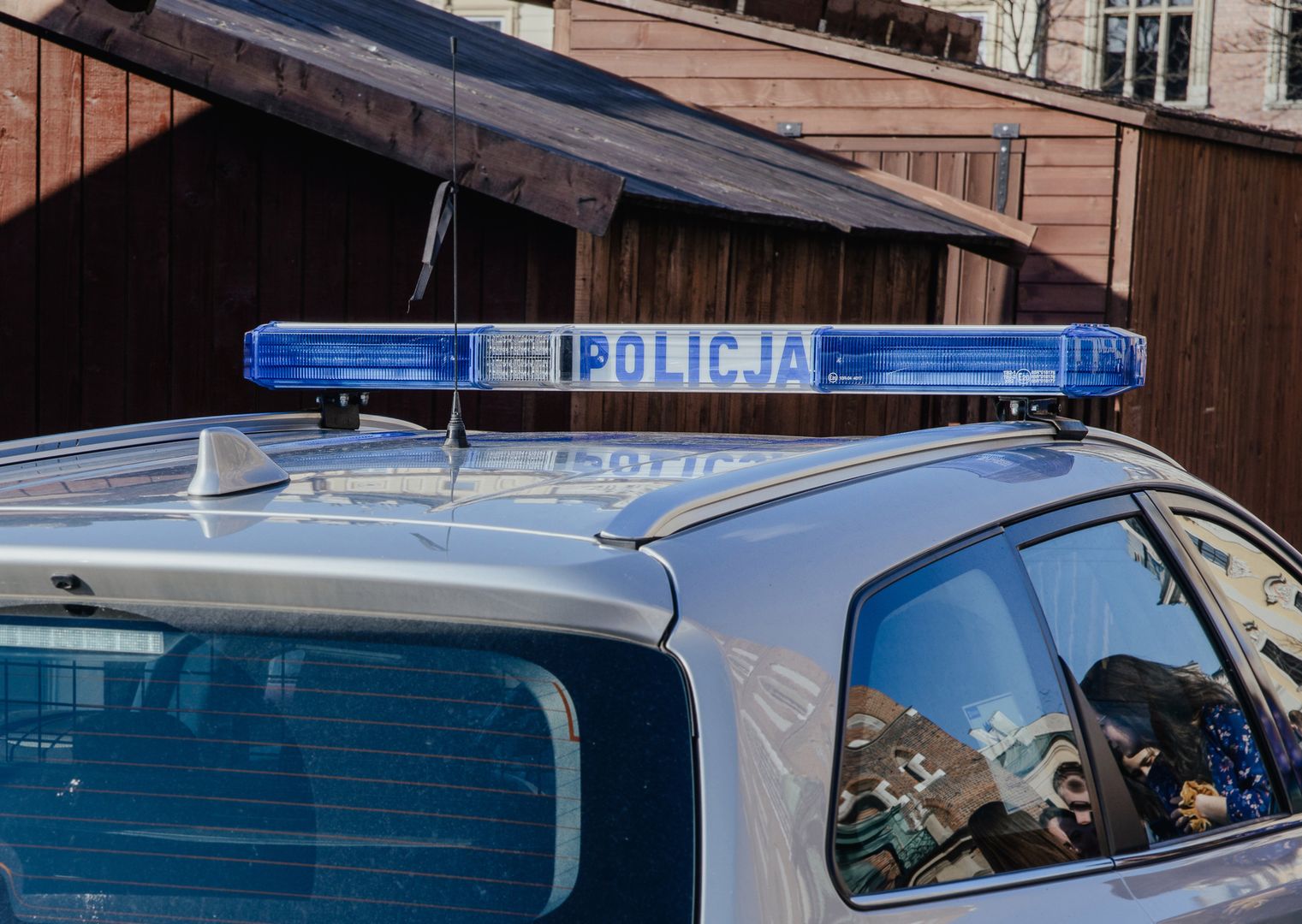 Cracow, Poland, April 7, 2019, Polish police car. Polish police car with the word POLICJA in Polish. Patrolling the streets, caring for the safety of the city and citizens. (Cracow, Poland, April 7, 2019, Polish police car. Polish police car with the 