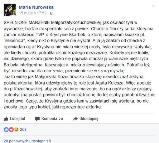 Wpis Marii Nurowskiej na Facebooku 