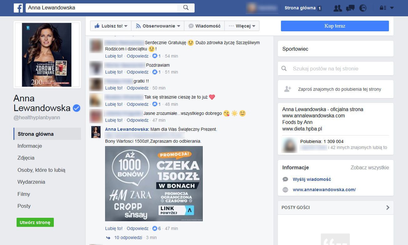 Komentarz opublikowany przez fałszywe konto na oficjalnym profilu Anny Lewandowskiej