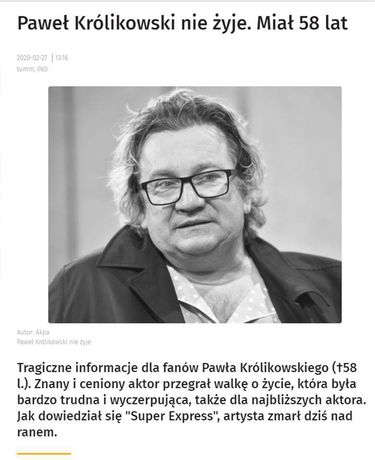 Paweł Królikowski nie żyje - informuje Super Express