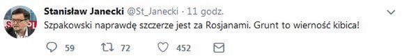 Wpis na Twitterze prowadzącego "W tyle wizji" 