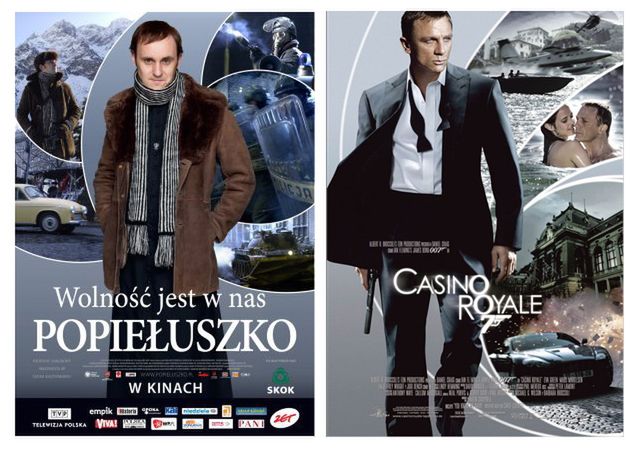 Porównanie plakatów "Popiełuszko" i "Casino Royale". 