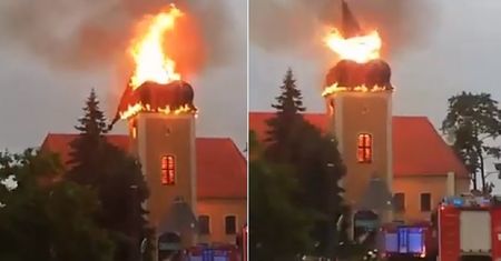 Fatalne skutki burzy. Pożar iglicy kościoła. Prawdopodobnie uderzył piorun