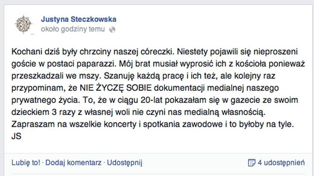 Justyna Steczkowska
Fotografia: screen z Facebook.com