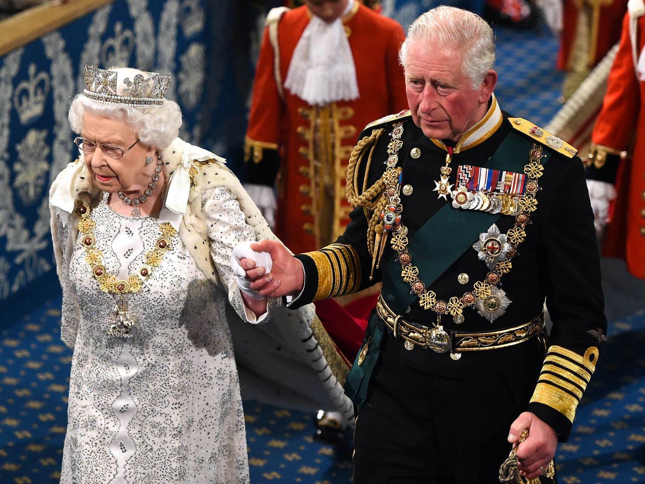 London, United Kingdom. State Opening of Parliament. Royal Gallery.

Her Majesty Queen Elizabeth II, accompanied by Prince Charles, walks through the Royal Gallery before delivering her speech at the State Opening of Parliament.