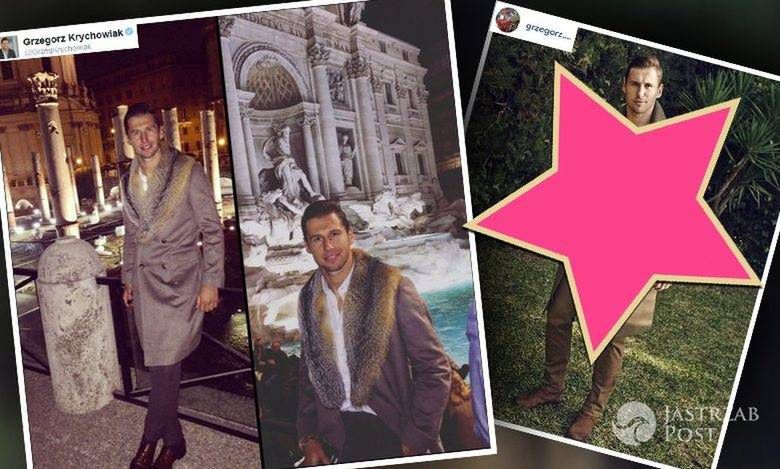 Grzegorz Krychowiak w płaszczu z kołnierzem z futra i w płaszczu Balmain (fot. Twitter, Instagram)