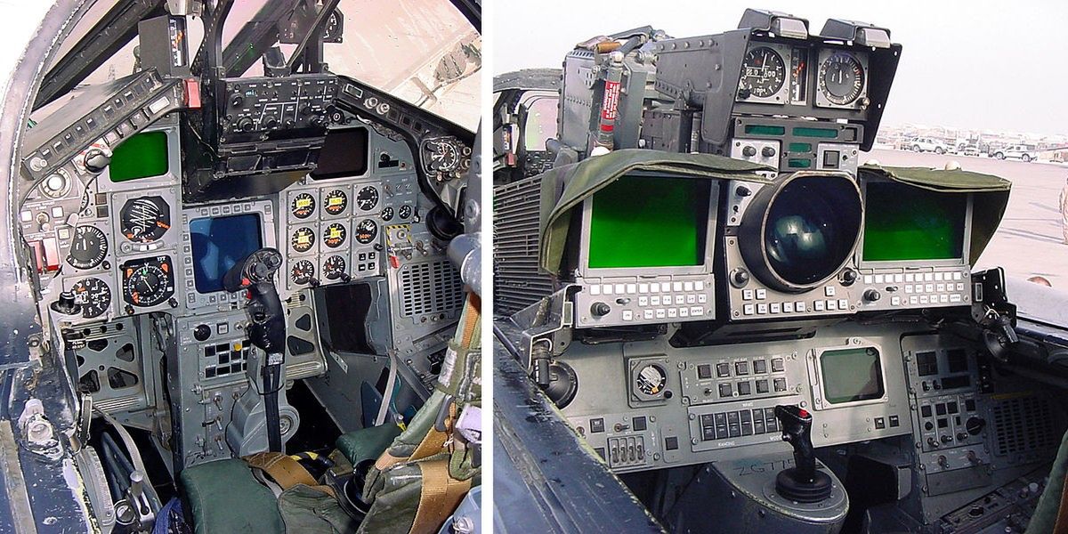 Wnętrze kabiny brytyjskiego Tornada GR4. Z lewej stanowisko pilota, z prawej - operatora awioniki 