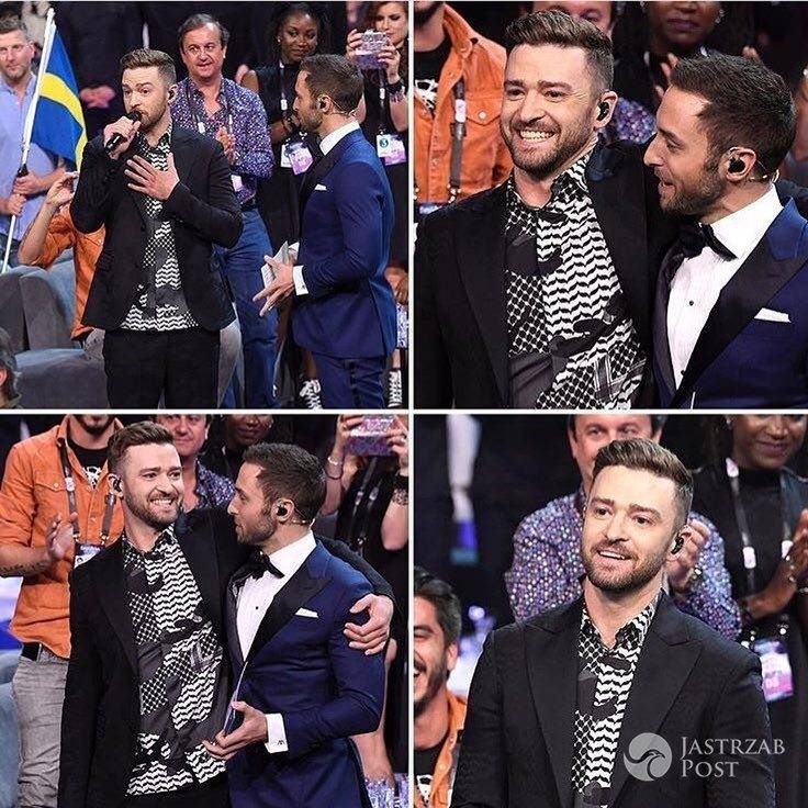 Justin Timberlake wystąpił na Eurowizji 2016. Na zdjęciu z prowadzącym Eurowizję 2016 Mansem Zelmerlowem