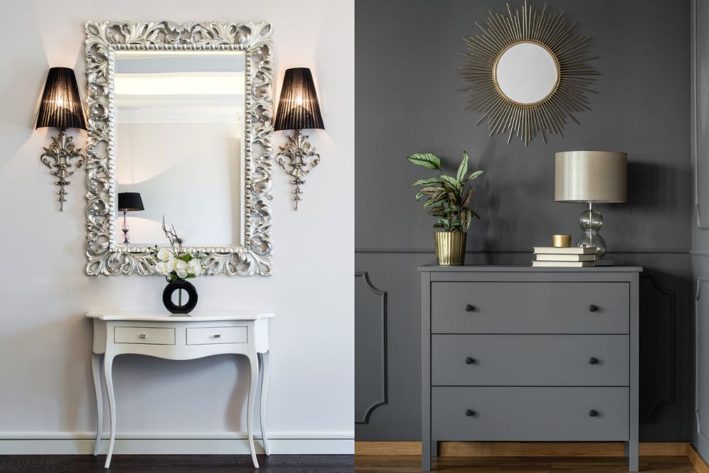 Lustro zawieszone na ścianie to nieodłączny element aranżacji salonu w stylu glamour 