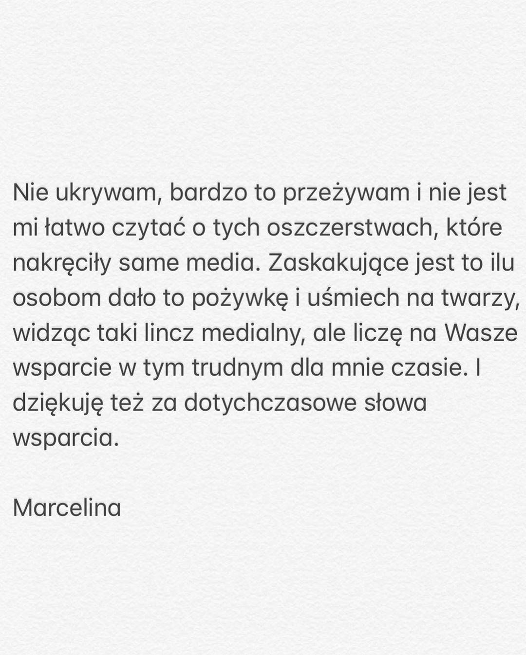 Marcelina Zawadzka wystosowała oficjalne oświadczenie