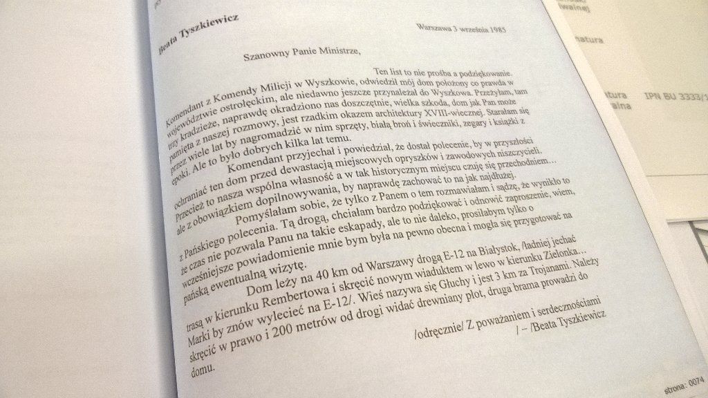 List Beaty Tyszkiewicz do Czesława Kiszczaka 