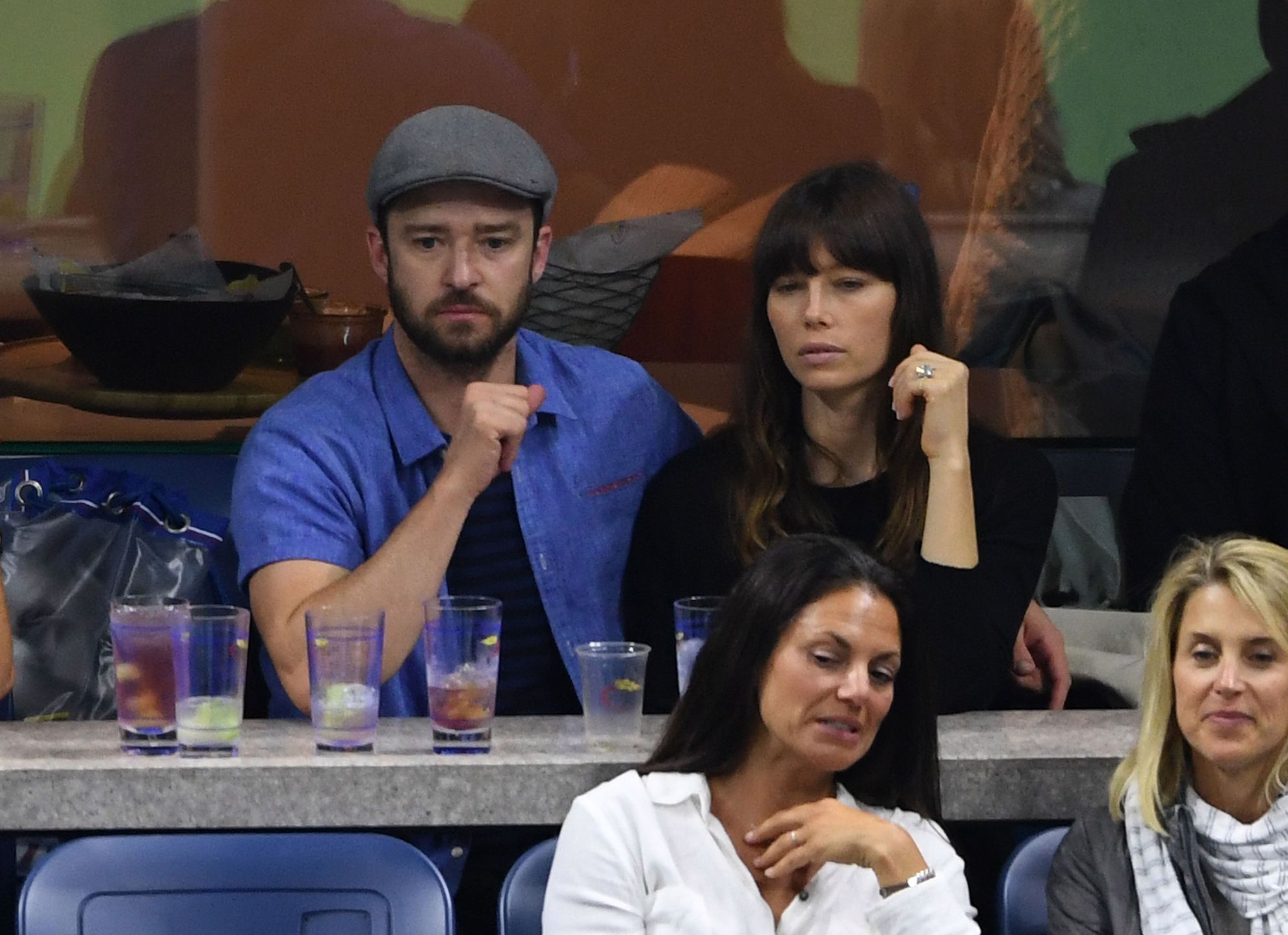 FLUSHING NY- SEPTEMBER 02: ***NO NY DAILIES*** Justin Timberlake and wife Jessica Biel sit in a suite during the US Open at the USTA Billie Jean King National Tennis Center on September 2, 2017 in Flushing Queens. 
CAP/MPI04
©MPI04/Capital Pictures 