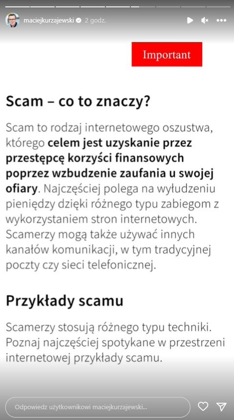 Maciej Kurzajewski ostrzega przed scamem