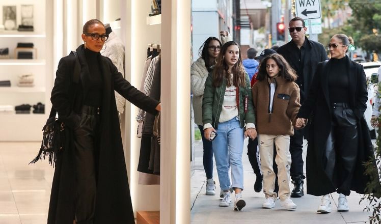 Odziana w czarny płaszcz Jennifer Lopez i ponury Alex Rodriguez z dziećmi korzystają z promocji na zakupach w Beverly Hills (ZDJĘCIA)