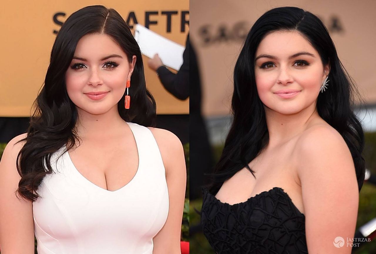 Po lewej: Ariel Winter w styczniu 2015 przed operacją zmniejszenia biustu, po prawej: Ariel na gali SAG Awards 2016 ze zmniejszonym biustem (fot. ONS)