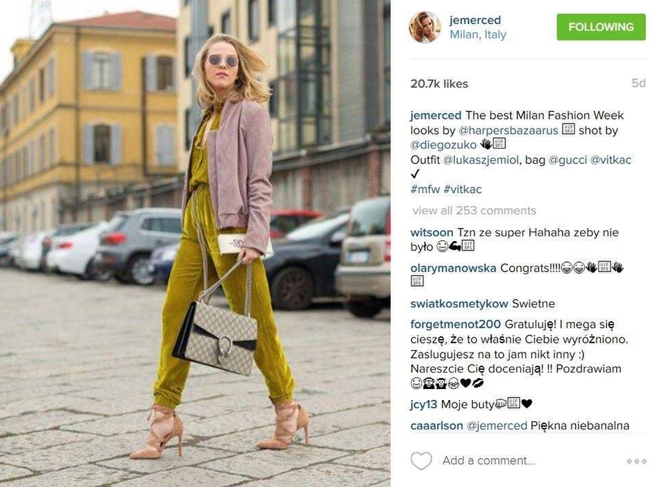 Jessica Mercedes na Milan Fashion Week. Tę stylizację zauważył amerykański "Harper's Bazaar" (fot. Instagram)