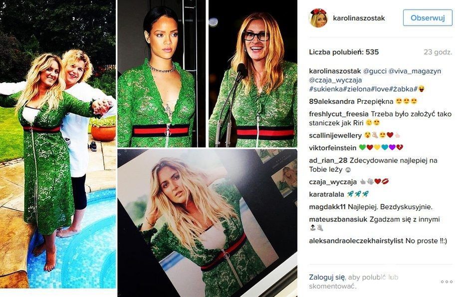 Karolina Szostak w sesji do "Viva!" miała na sobie zieloną sukienkę z koronki Gucci. W tej samej wcześniej pokazywały się Rihanna i Julia Roberts