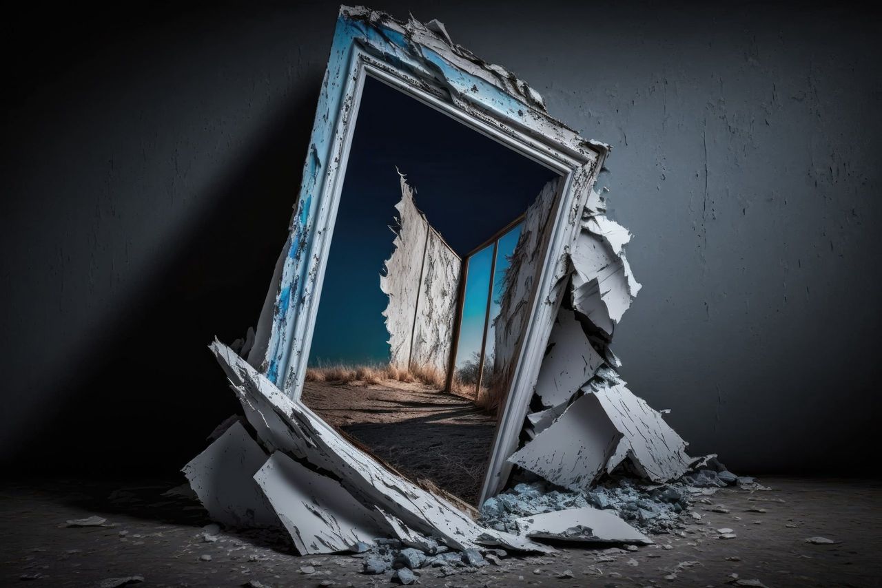 In a deserted structure, a broken mirror stands. Framed reflection in wood. The walls are dirty and in disrepair. Depression inducing emptiness of a long abandoned structure. Natural sunlight streamin