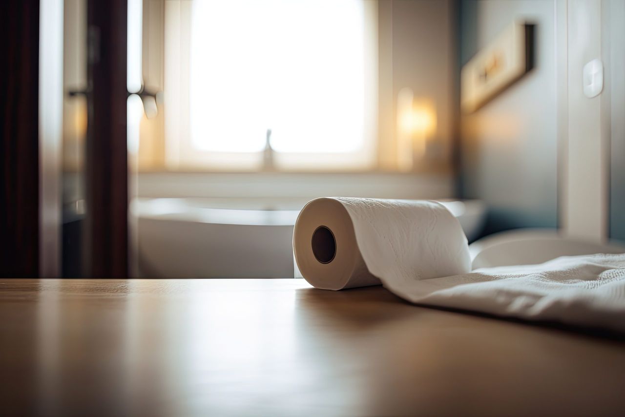 close-up of empty toilet paper roll with a view of the bathroom sink visible in the background, created with generative ai