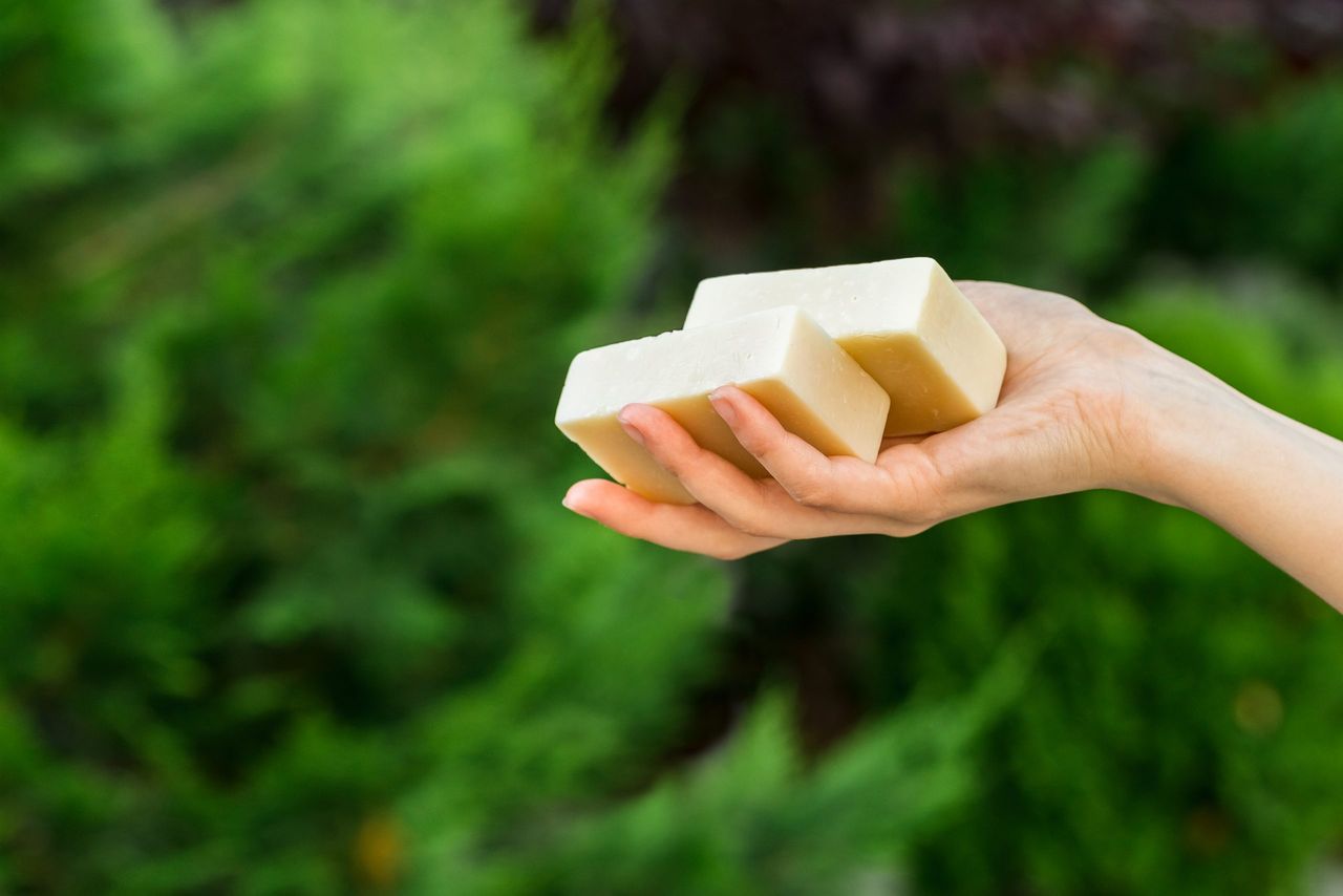 Woman hands holding organic soap or solid shampoo with no packaging over green background. Healthy lifestyle, beauty, skin care, Zero waste concept.