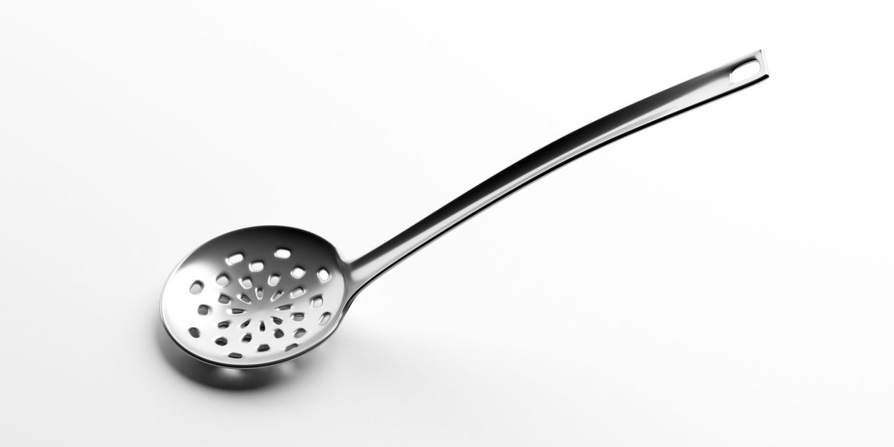 Skimmer kitchen slotted spoon for straining fry cooking isolated against white background. 3d illustration