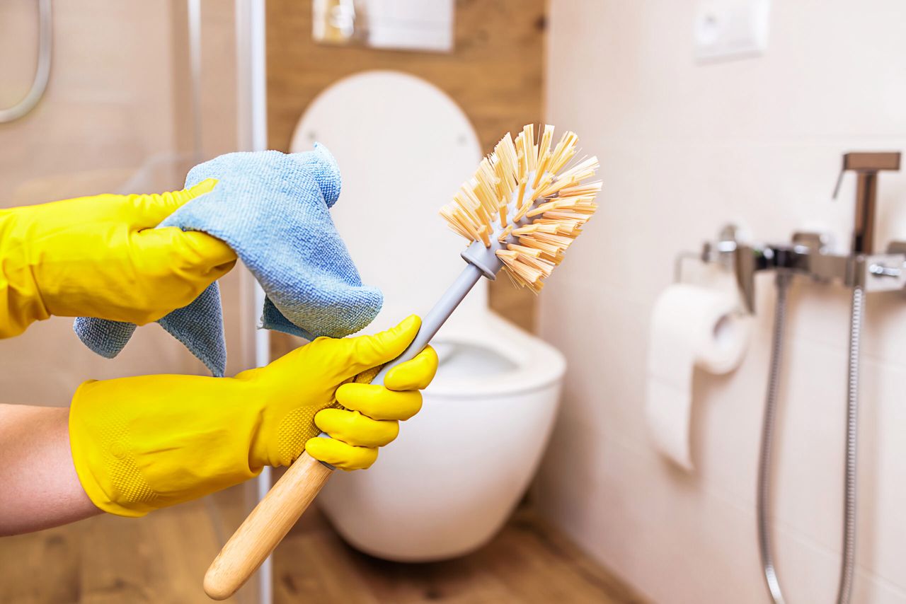 close-up of female hands in protective rubber yellow gloves holds a brush for cleaning the toilet bowl and a rag for washing. On the background of the bathroom, copy-paste for your design