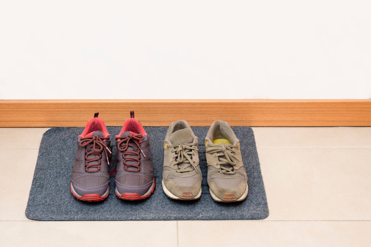 shoes on doormat indoors, front view