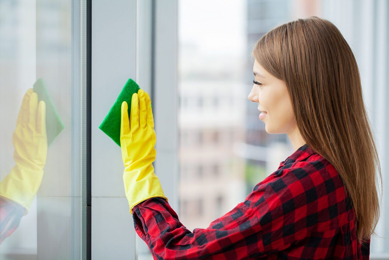 Happy young woman housewife washes a window.