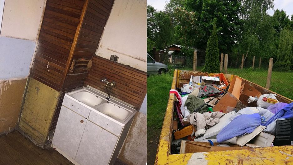 Po lewej mieszkanie, które zaproponowano rodzinie, po prawej kontener z osobistymi rzeczami wyrzuconymi w czasie eksmisji
