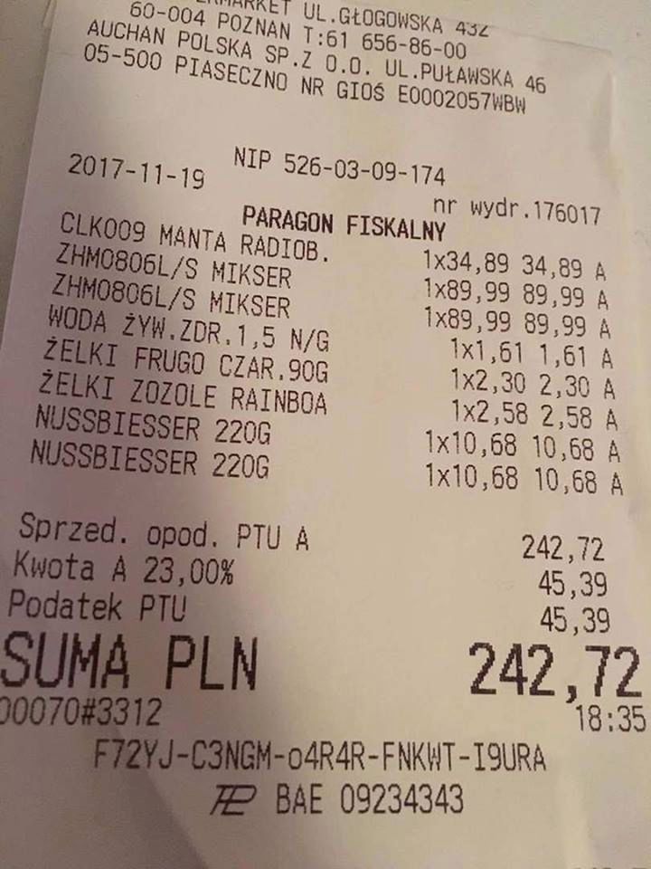 Rachunek za kupiony mikser na tydzień przed wyprzedażami. 