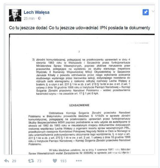 Lech Wałęsa na Facebooku dzień po śmierci syna