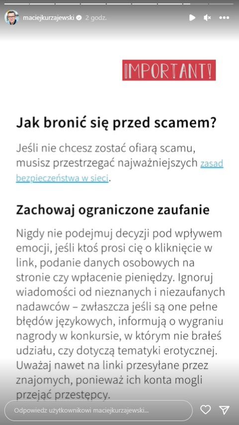 Maciej Kurzajewski ostrzega przed scamem