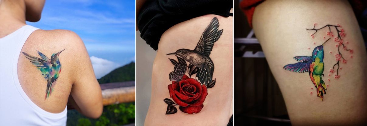 Tatuaż koliber w wersji kolorowej to propozycja dla fanek odważnych wzorów na ciele. 