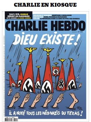 Okładka tygodnika "Charlie Hebdo" zszokowała. "Bóg istnieje! Zatopił wszystkich neonazistów w Teksasie"