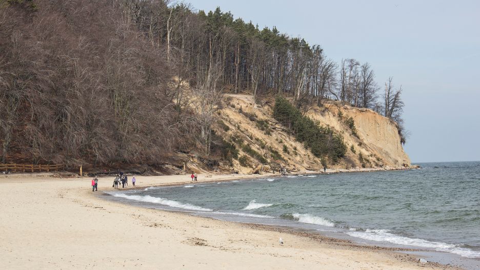 Piach rozsypany na plaży ma osłabić siłę fal uderzających w urwisko.