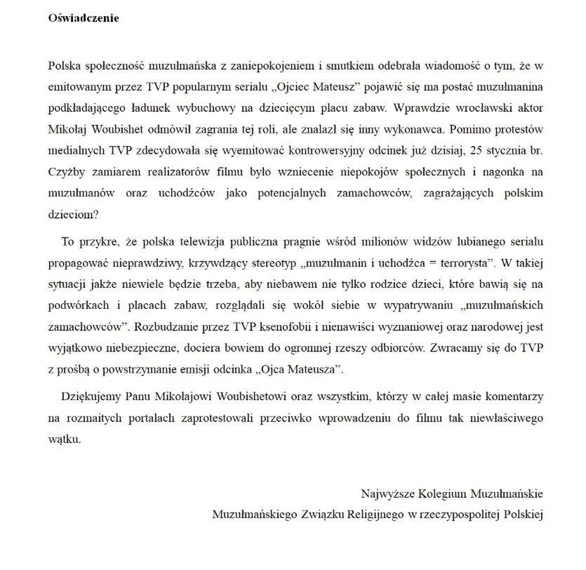 Oświadczenie w sprawie emisji 240. odcinka "ojca Mateusza" 