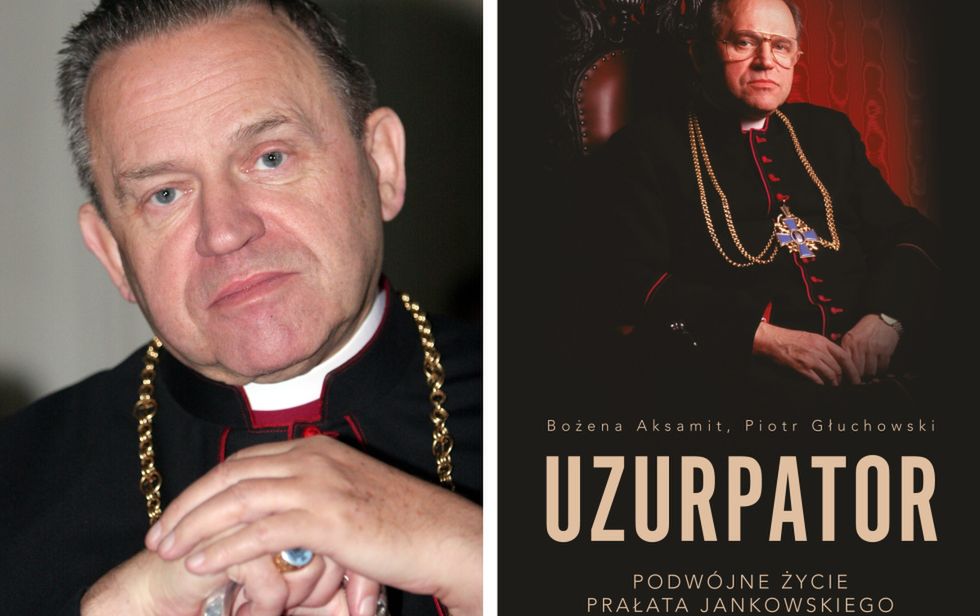 Prałat Henryk Jankowski i okładka książki "Uzurpator" 