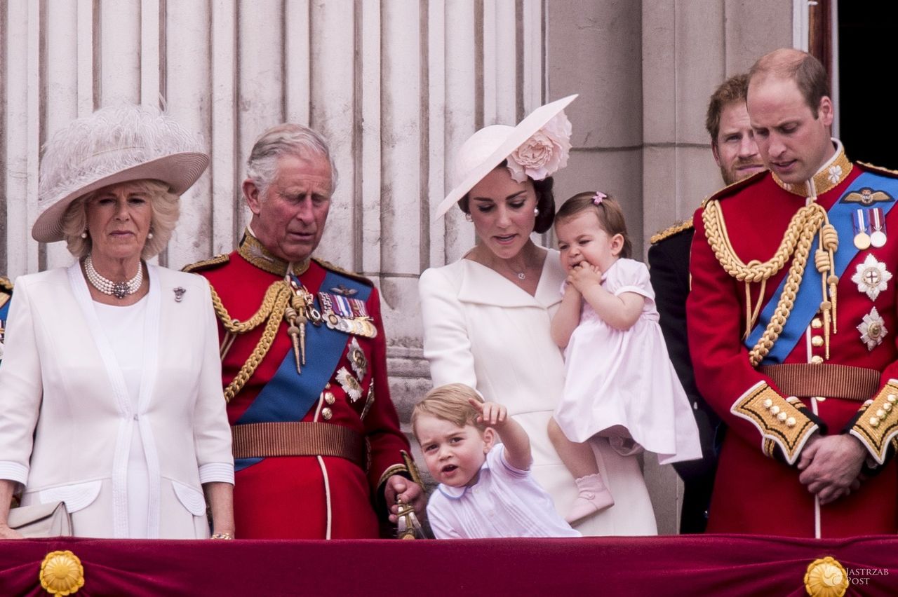 Księżna Camilla, książę Karol, księżna Kate, księżniczka Charlotte, książę George, książę William i książę Harry oglądają paradę wojskową z balkonu Pałacu Buckingham (fot. ONS)