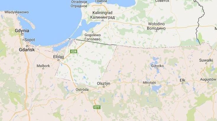 Mapa Polski wg. Google'a - na różowo zaznaczone jest terytorium Polski bez pokaźnej części Warmii i Mazur.